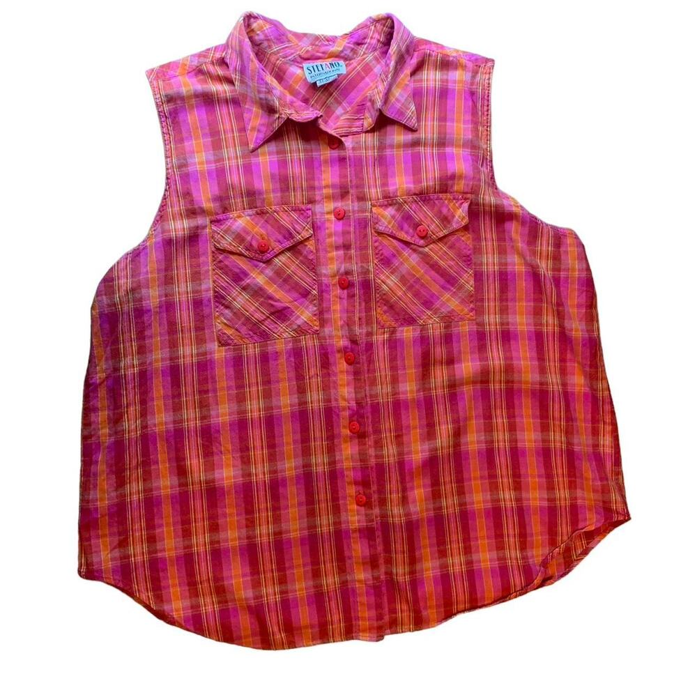 VTG Plaid Sleeveless Button Up Shirt Womens XL Orange Pink Classic Normcore 90s